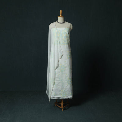 White - Lucknowi Chikankari Hand Embroidered Mul Cotton 3pc Unstitched Dress Material Suit Set 31