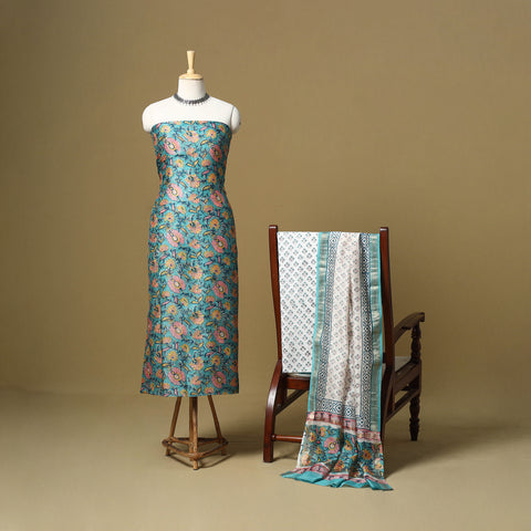 Maheshwari Silk Sanganeri Hand Block Print 3pc Unstitched Dress Material 10