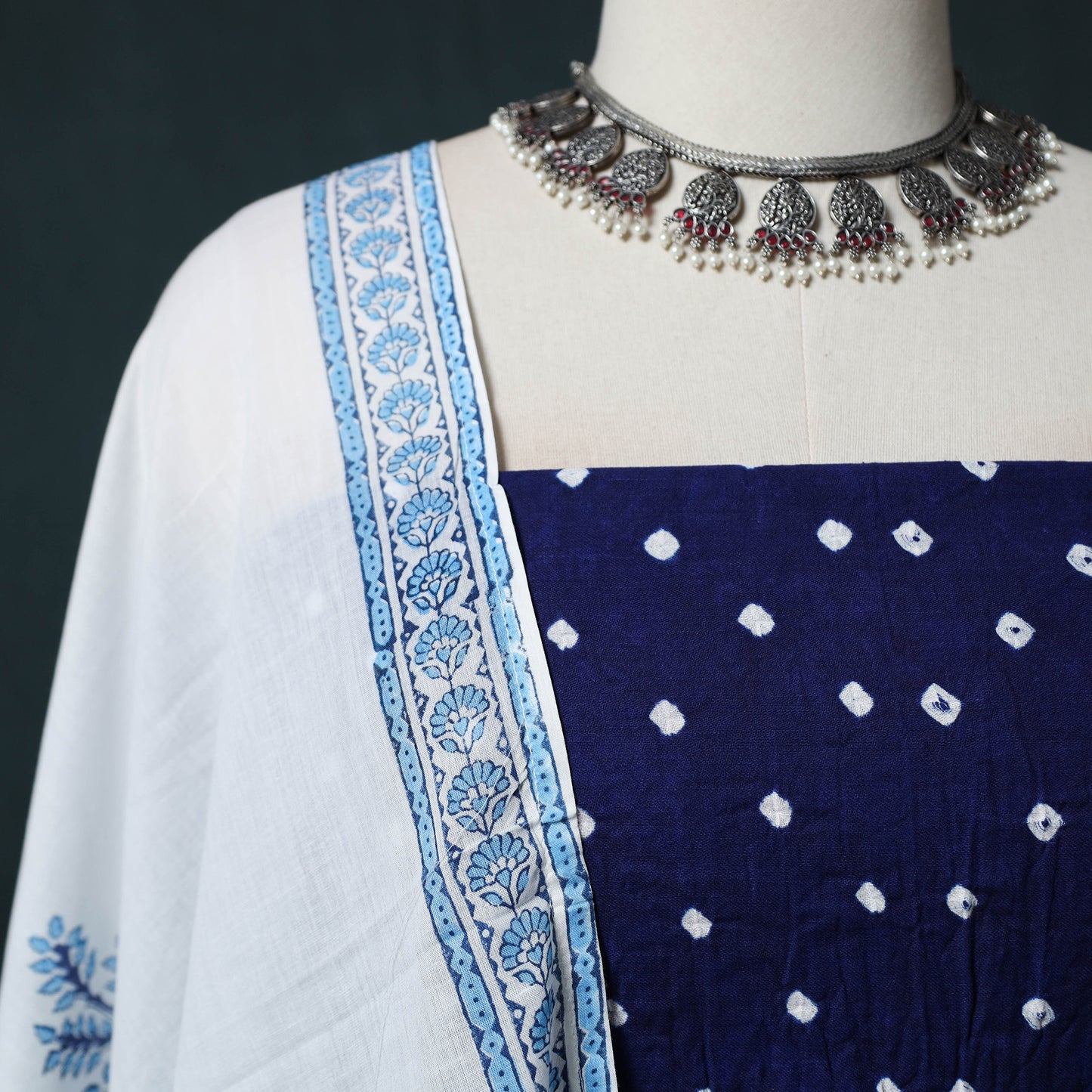 Kutch Bandhani Cotton 2pc Unstitched Dress Material Kurta Set with Earrings 10
