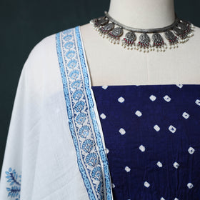 Kutch Bandhani Cotton 2pc Unstitched Dress Material Kurta Set with Earrings 10