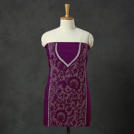 Purple - Bengal Kantha Hand Embroidery Cotton Kurta Material - 2.8 Meter 02