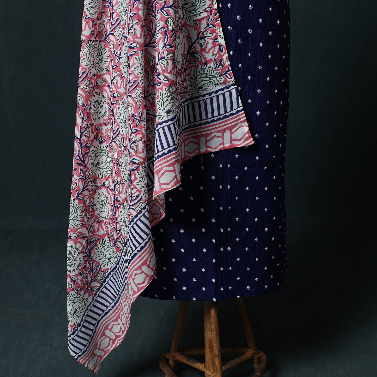 Kutch Bandhani Cotton 2pc Unstitched Dress Material Kurta Set with Earrings 11