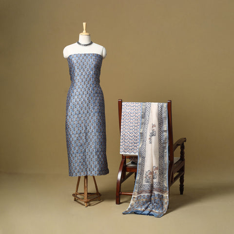 Maheshwari Silk Sanganeri Hand Block Print 3pc Unstitched Dress Material 11