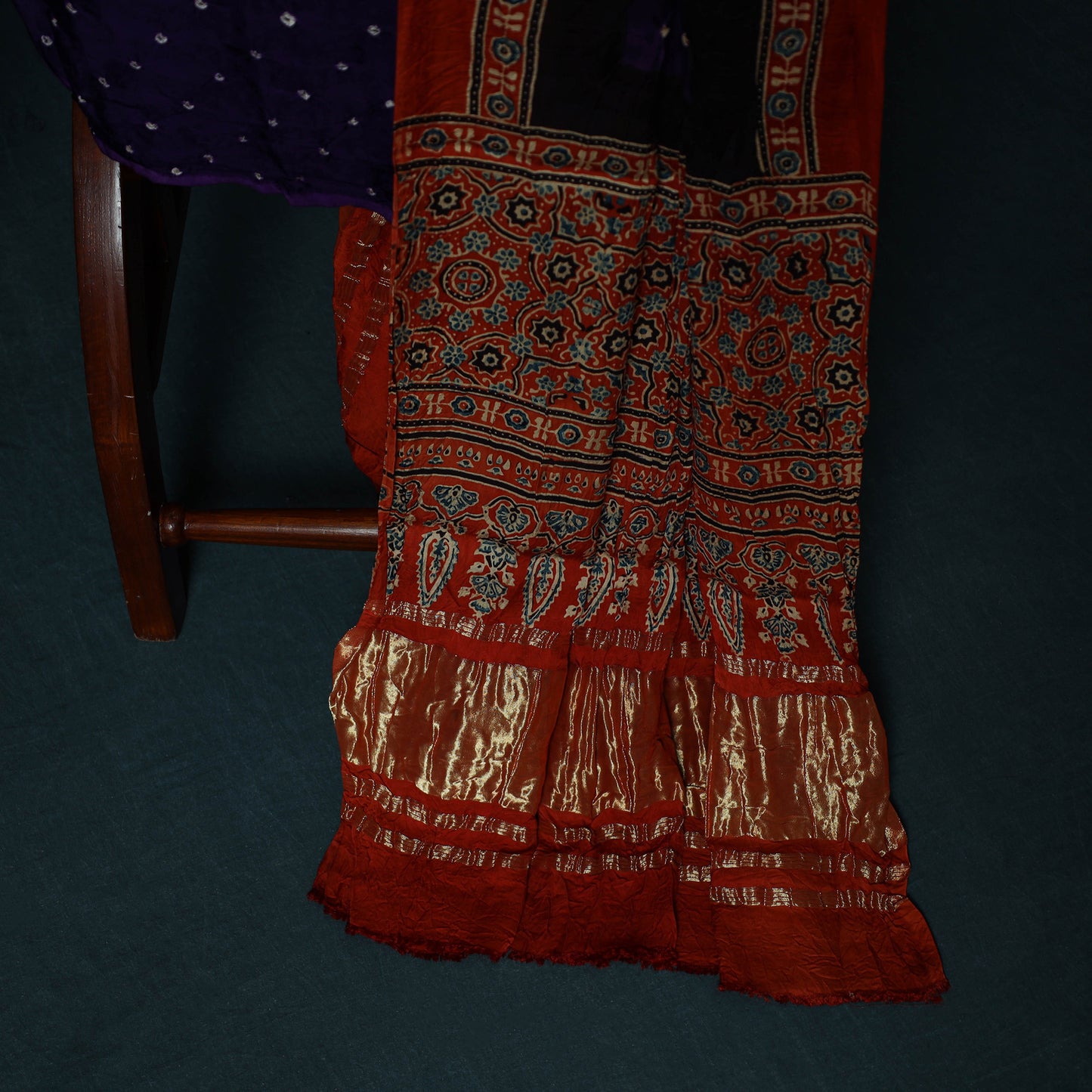Kutch Ajrakh Bandhani Tie-Dye Modal Silk 3pc Unstitched Dress Material Suit Set 35