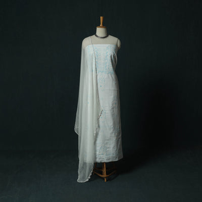 White - Lucknowi Chikankari Hand Embroidered Mul Cotton 3pc Unstitched Dress Material Suit Set 32