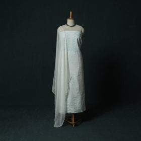 White - Lucknowi Chikankari Hand Embroidered Mul Cotton 3pc Unstitched Dress Material Suit Set 32
