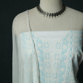 White - Lucknowi Chikankari Hand Embroidered Mul Cotton 3pc Unstitched Dress Material Suit Set 32