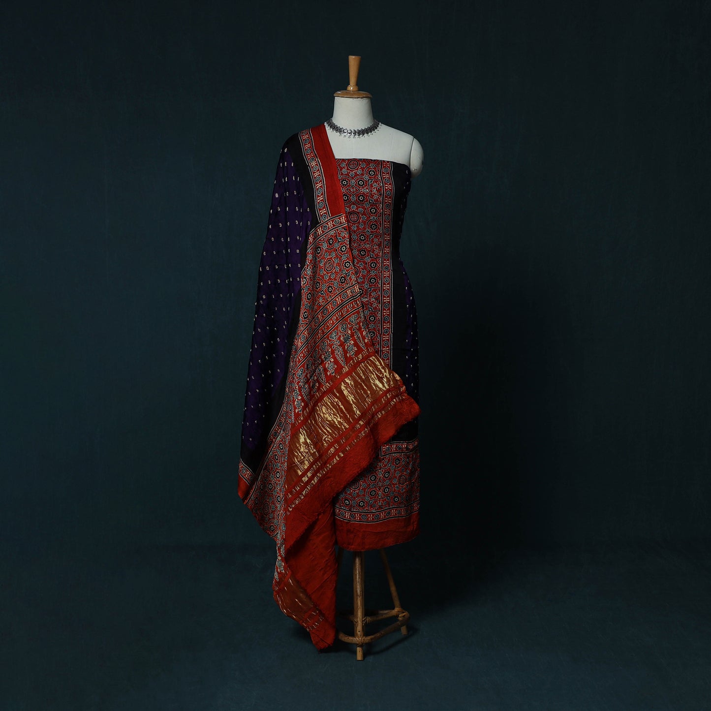 Kutch Ajrakh Bandhani Tie-Dye Modal Silk 3pc Unstitched Dress Material Suit Set 35