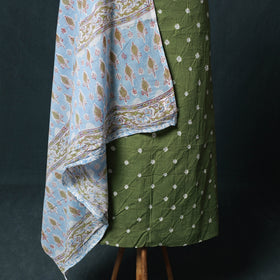 Kutch Bandhani Cotton 2pc Unstitched Dress Material Kurta Set with Earrings 12