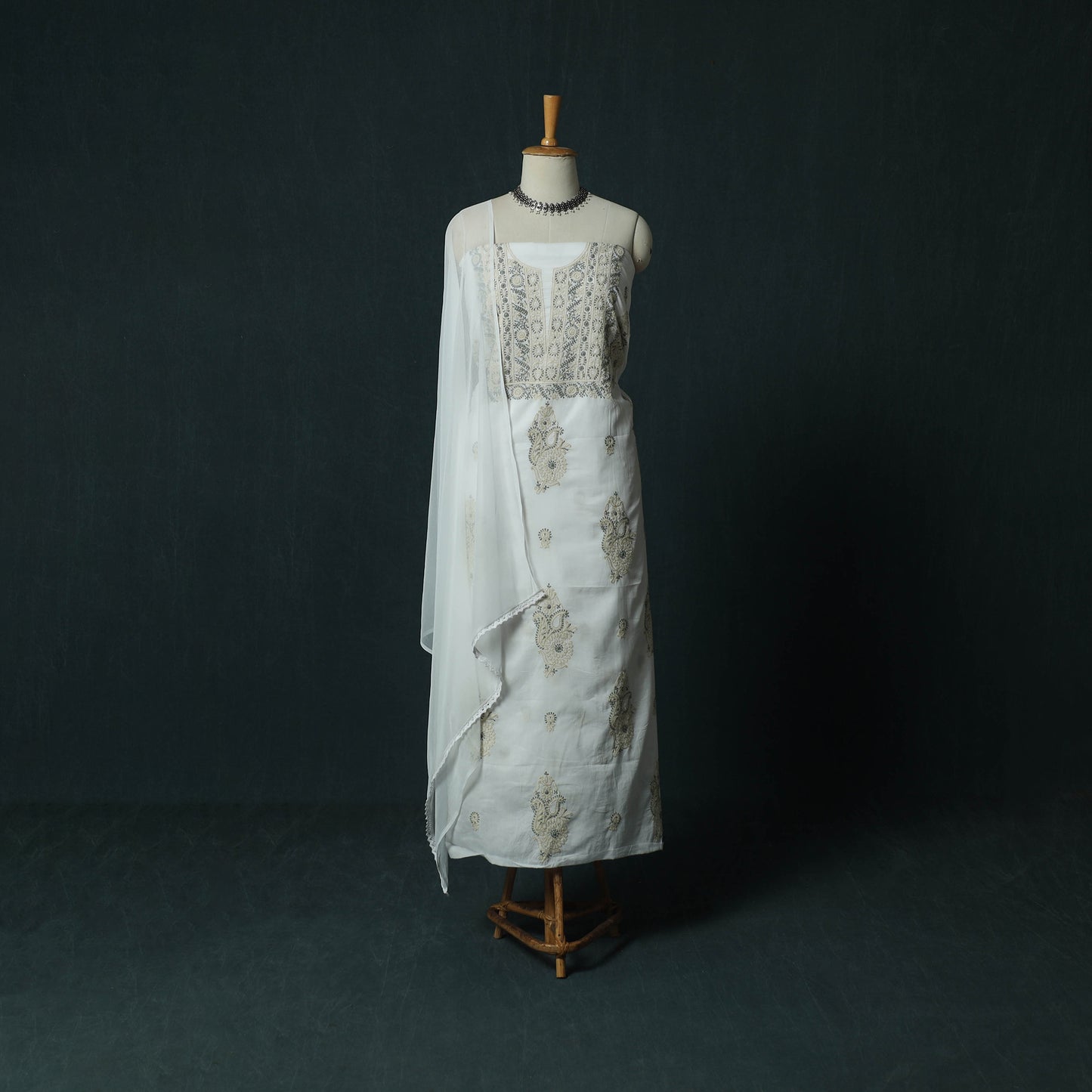 White - Lucknowi Chikankari Hand Embroidered Mul Cotton 3pc Unstitched Dress Material Suit Set 33