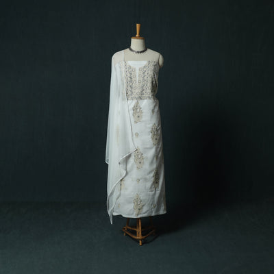 White - Lucknowi Chikankari Hand Embroidered Mul Cotton 3pc Unstitched Dress Material Suit Set 33