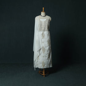 White - Lucknowi Chikankari Hand Embroidered Mul Cotton 3pc Unstitched Dress Material Suit Set 33