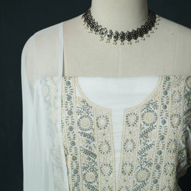 White - Lucknowi Chikankari Hand Embroidered Mul Cotton 3pc Unstitched Dress Material Suit Set 33