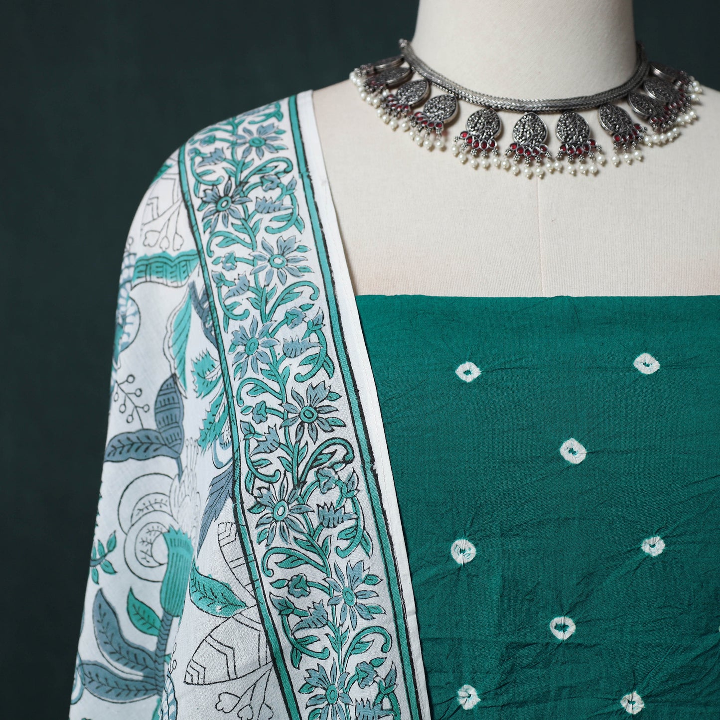 Kutch Bandhani Cotton 2pc Unstitched Dress Material Kurta Set with Earrings 13