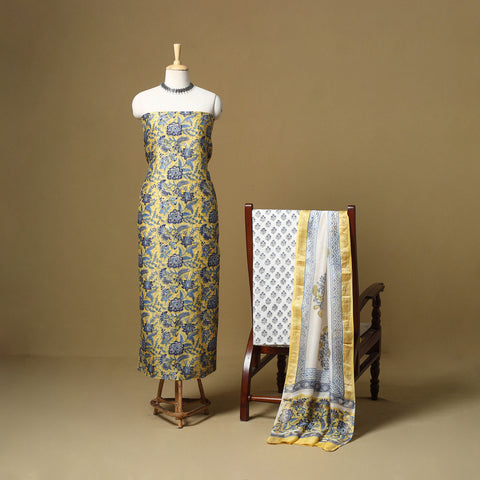 Maheshwari Silk Sanganeri Hand Block Print 3pc Unstitched Dress Material 13