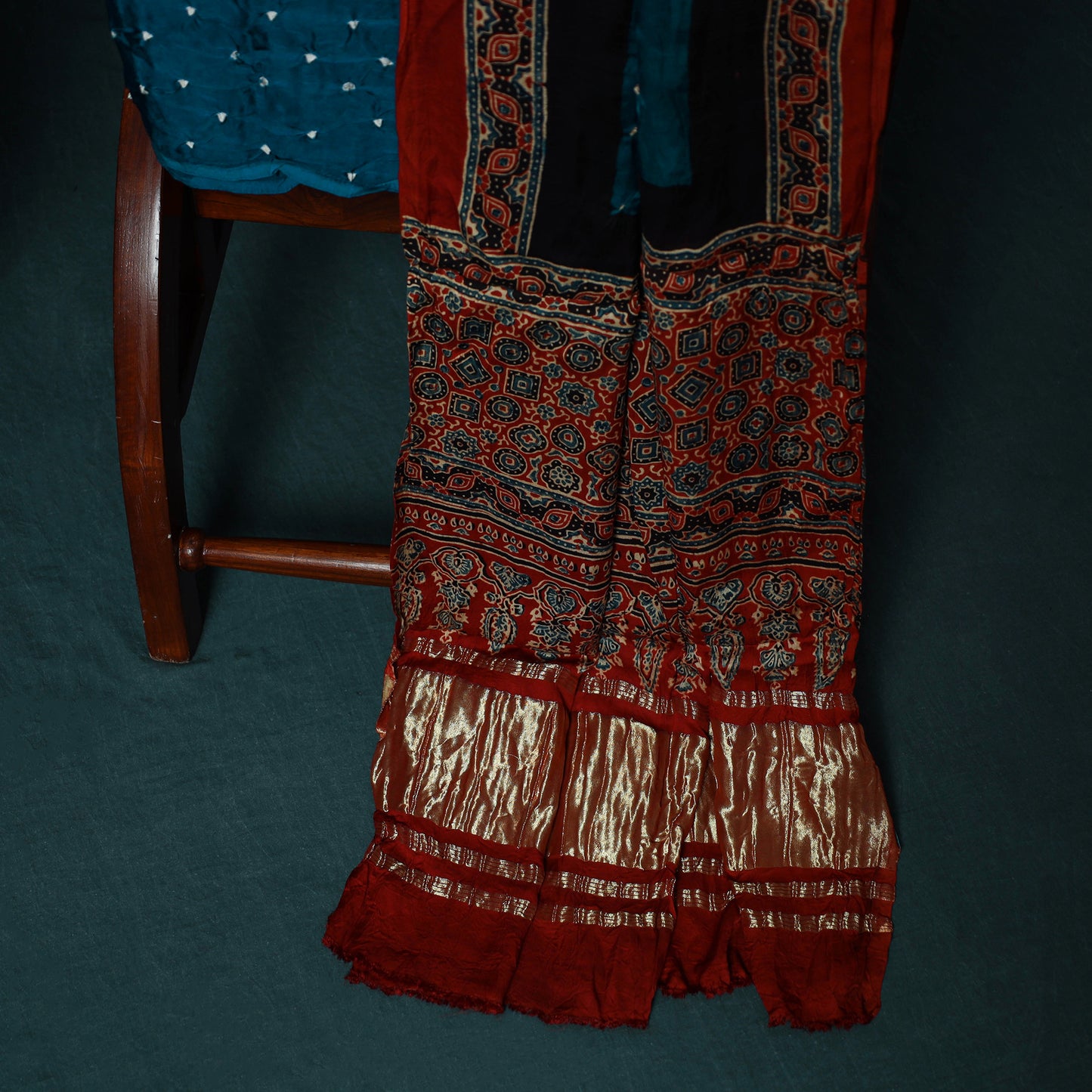 Kutch Ajrakh Bandhani Tie-Dye Modal Silk 3pc Unstitched Dress Material Suit Set 37