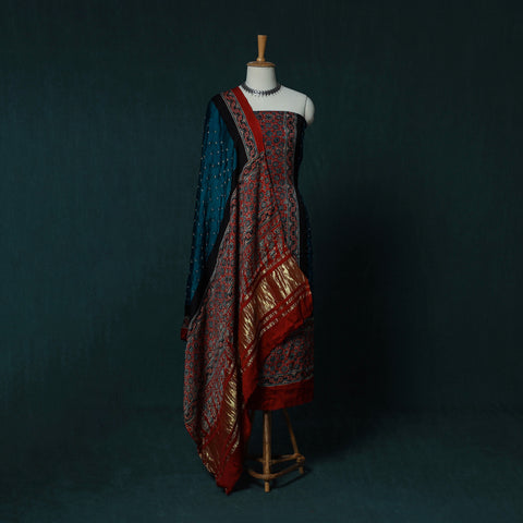 Kutch Ajrakh Bandhani Tie-Dye Modal Silk 3pc Unstitched Dress Material Suit Set 37