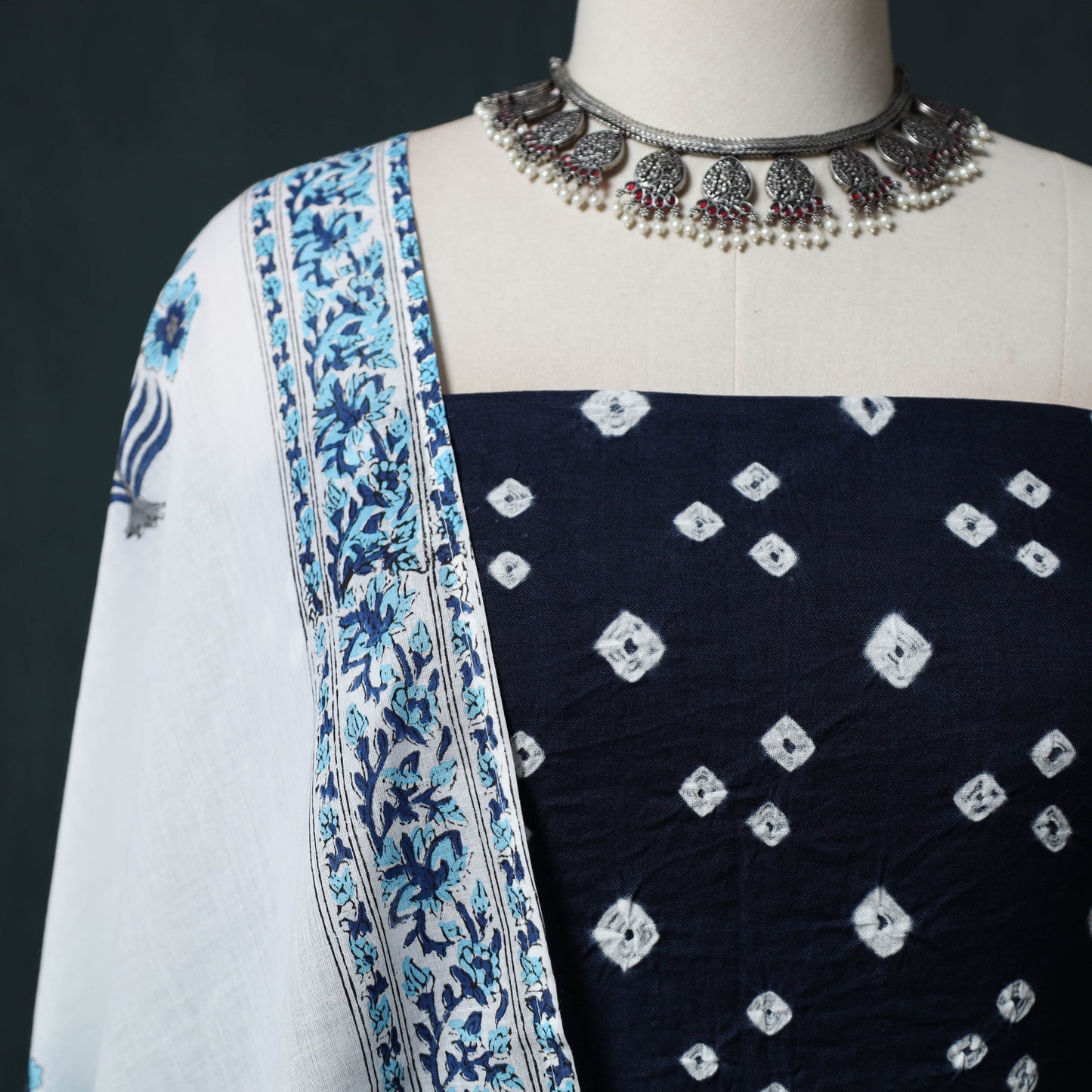 Kutch Bandhani Cotton 2pc Unstitched Dress Material Kurta Set with Earrings 14