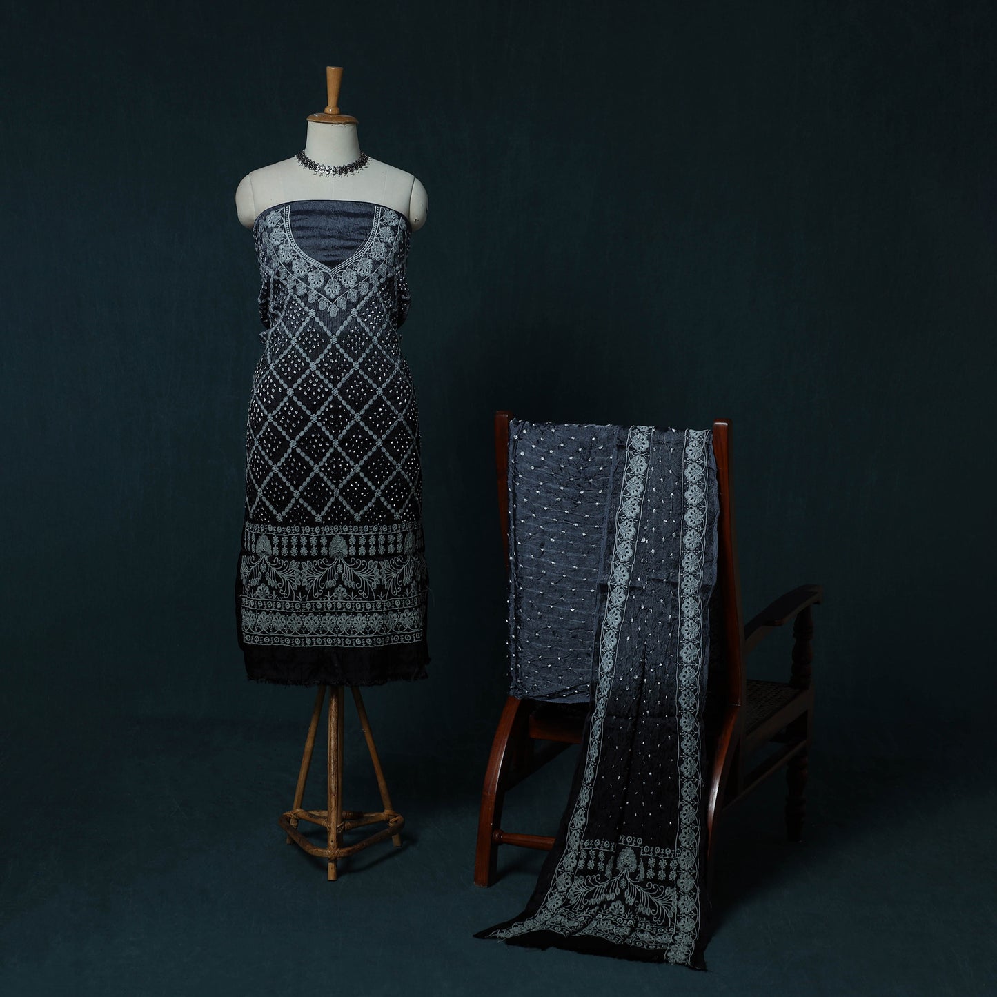 Kutch Bandhani Tie-Dye Modal Silk Embroidered 3pc Unstitched Dress Material Suit Set 23