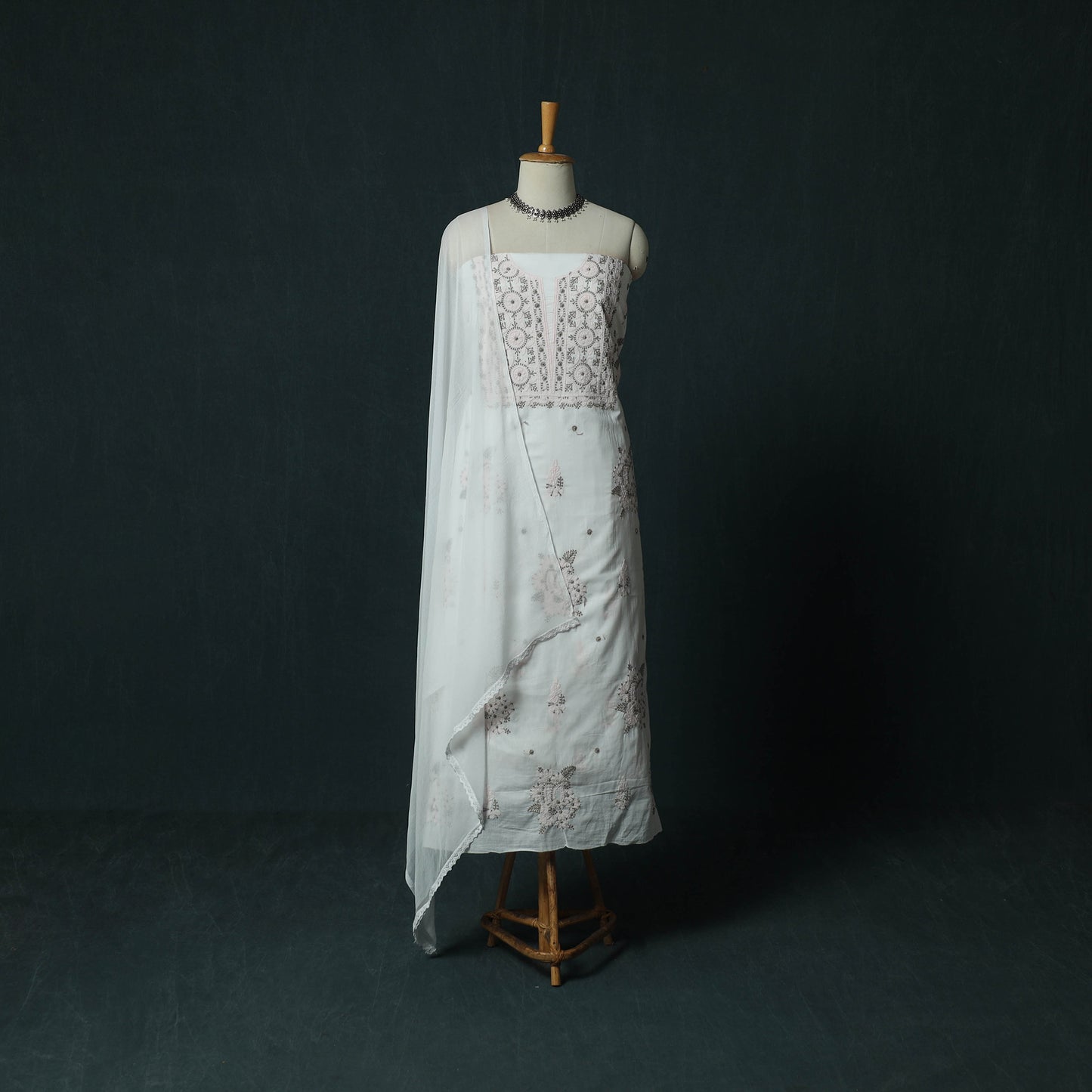 White - Lucknowi Chikankari Hand Embroidered Mul Cotton 3pc Unstitched Dress Material Suit Set 34