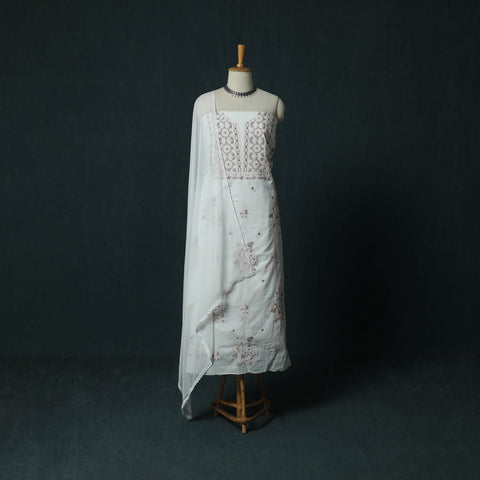 White - Lucknowi Chikankari Hand Embroidered Mul Cotton 3pc Unstitched Dress Material Suit Set 34