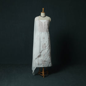 White - Lucknowi Chikankari Hand Embroidered Mul Cotton 3pc Unstitched Dress Material Suit Set 34