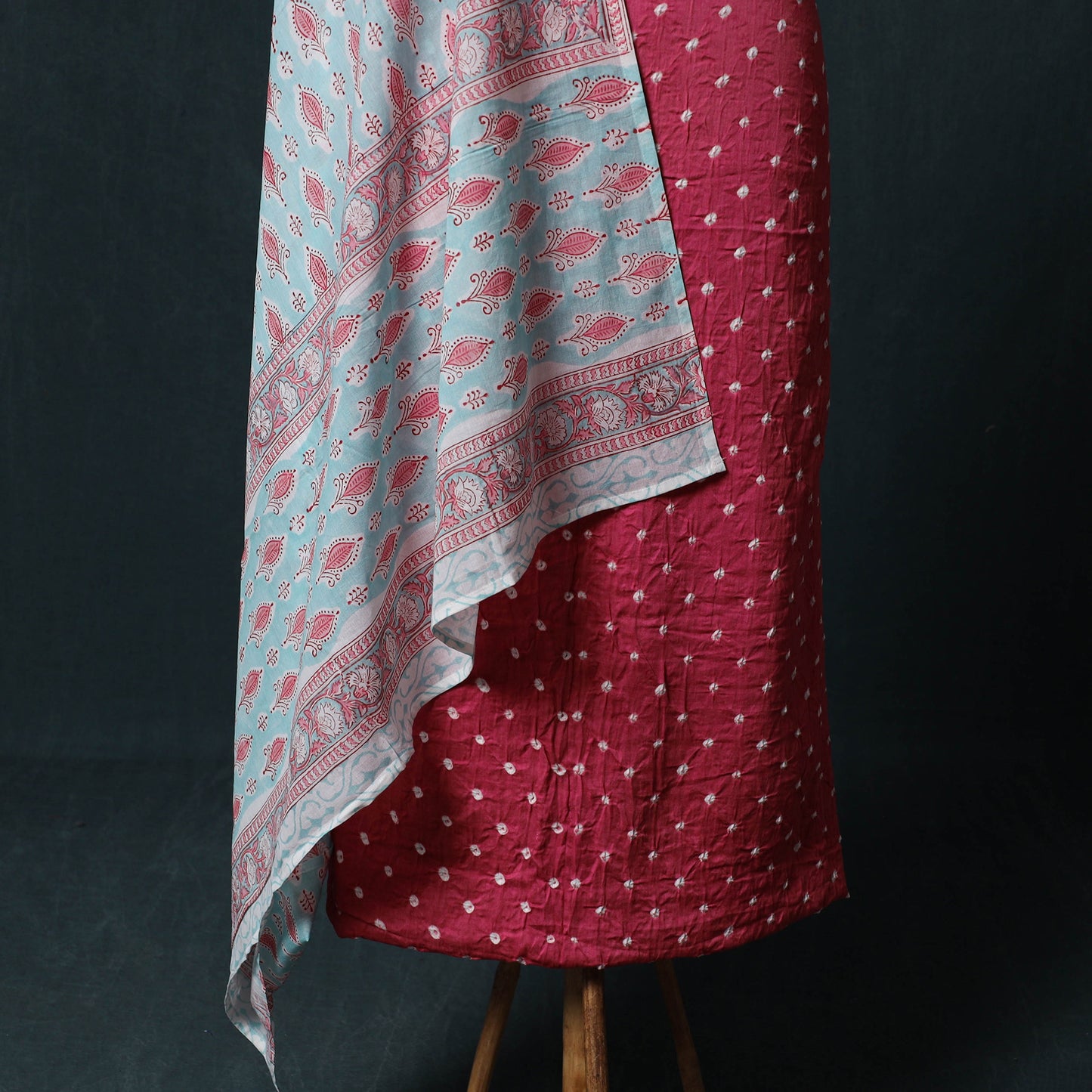Kutch Bandhani Cotton 2pc Unstitched Dress Material Kurta Set with Earrings 15