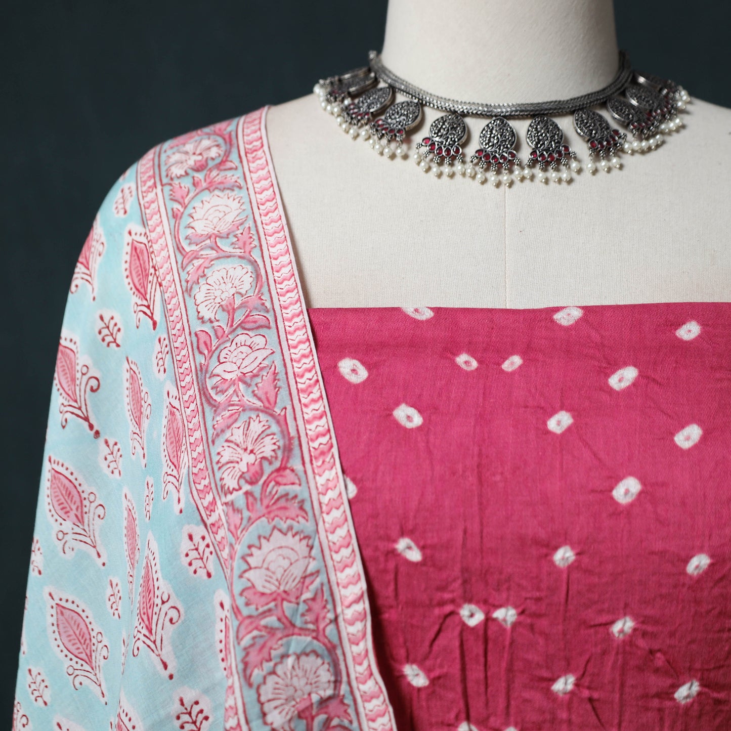 Kutch Bandhani Cotton 2pc Unstitched Dress Material Kurta Set with Earrings 15