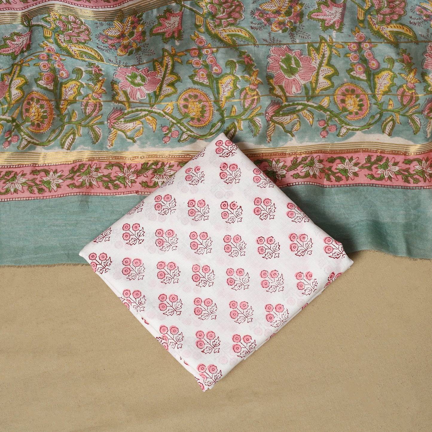 Maheshwari Silk Sanganeri Hand Block Print 3pc Unstitched Dress Material 15