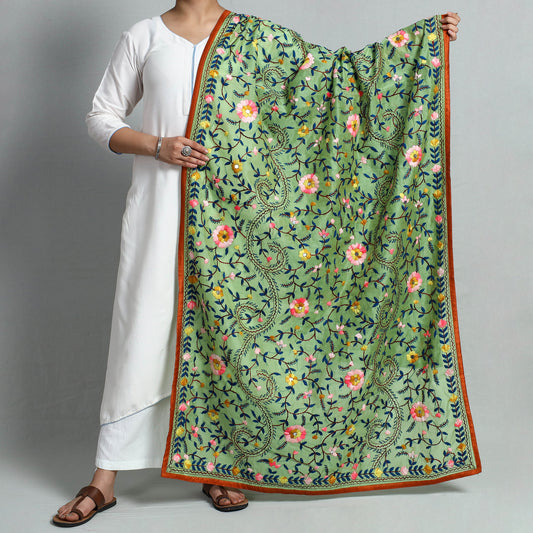 Green - Ranihati Chanderi Silk Chapa Work Phulkari Embroidered Dupatta