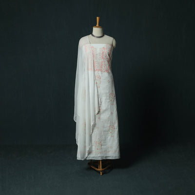 White - Lucknowi Chikankari Hand Embroidered Mul Cotton 3pc Unstitched Dress Material Suit Set 35
