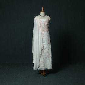White - Lucknowi Chikankari Hand Embroidered Mul Cotton 3pc Unstitched Dress Material Suit Set 35