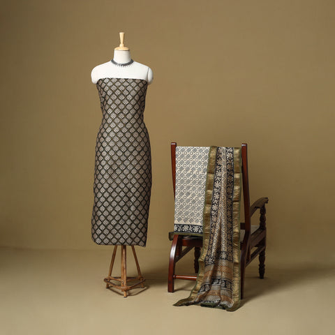 Maheshwari Silk Bagru Hand Block Print 3pc Unstitched Dress Material 16