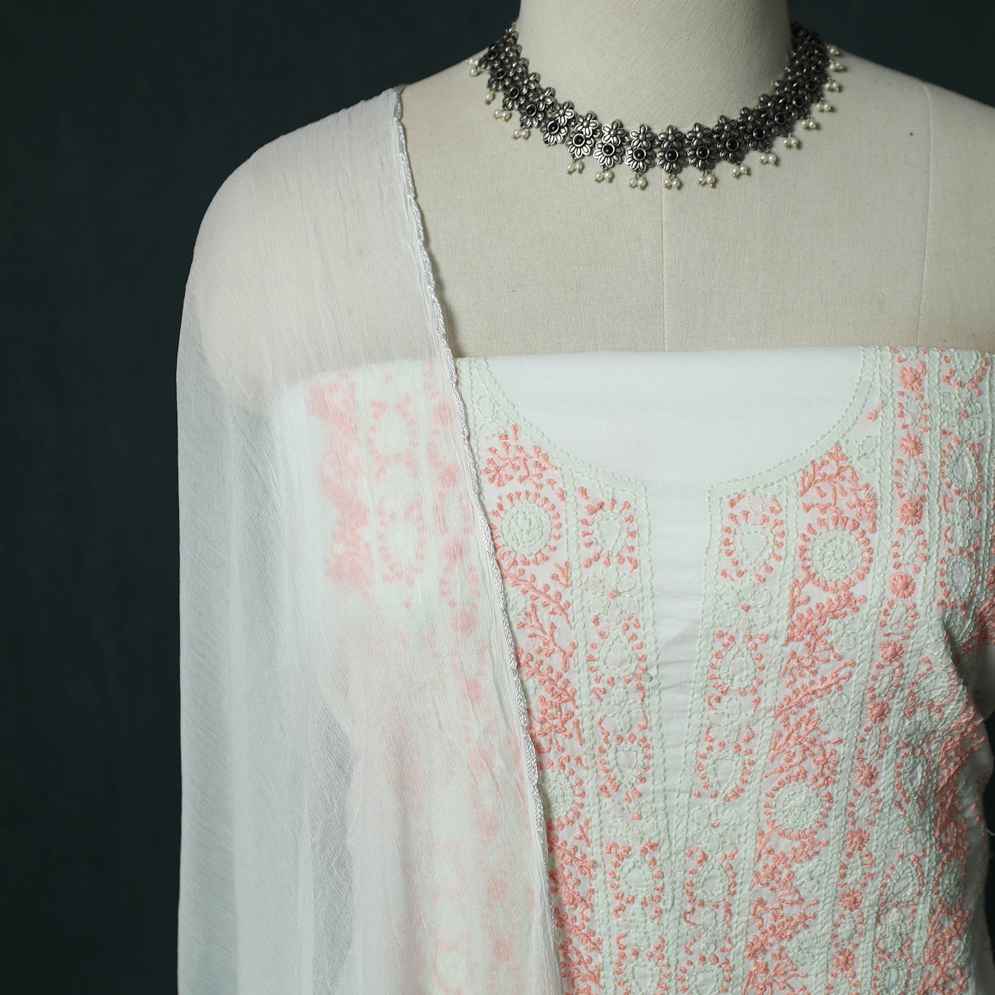 White - Lucknowi Chikankari Hand Embroidered Mul Cotton 3pc Unstitched Dress Material Suit Set 35