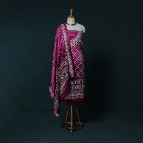 Kutch Bandhani Tie-Dye Modal Silk Embroidered 3pc Unstitched Dress Material Suit Set 24