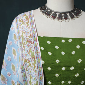Kutch Bandhani Cotton 2pc Unstitched Dress Material Kurta Set with Earrings 16