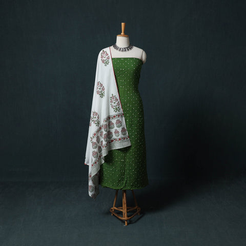 Green - Kutch Bandhani Cotton 2pc Unstitched Dress Material Kurta Set with Earrings 17