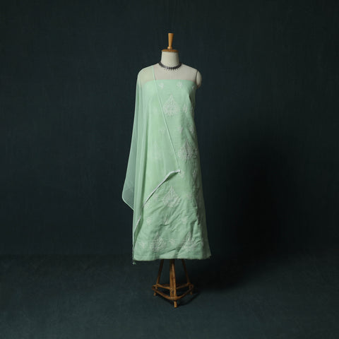 Green - Lucknowi Chikankari Hand Embroidered Cotton 3pc Unstitched Dress Material Suit Set 36