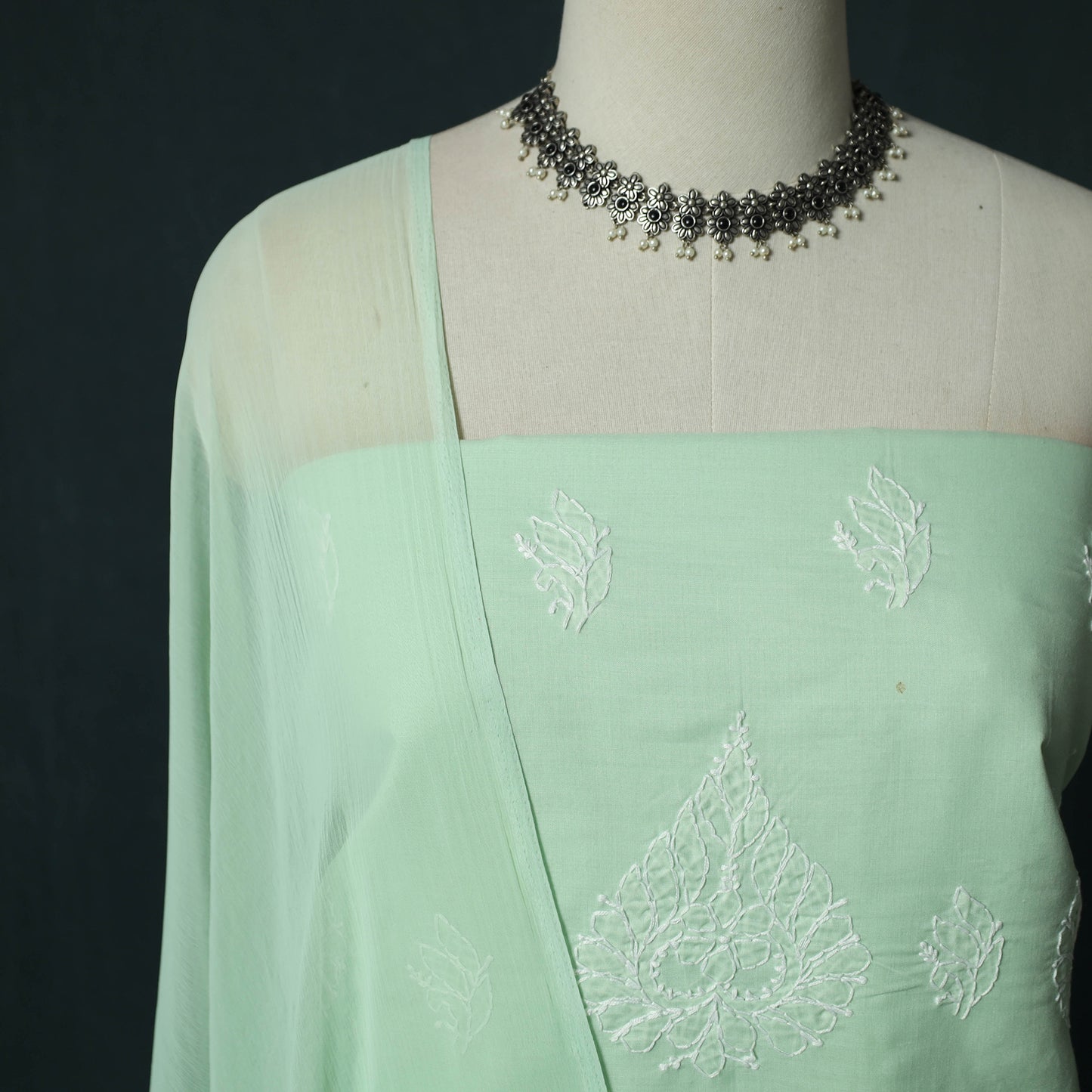 Green - Lucknowi Chikankari Hand Embroidered Cotton 3pc Unstitched Dress Material Suit Set 36