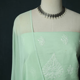 Green - Lucknowi Chikankari Hand Embroidered Cotton 3pc Unstitched Dress Material Suit Set 36