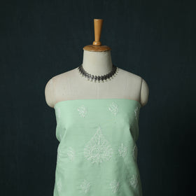 Green - Lucknowi Chikankari Hand Embroidered Cotton 3pc Unstitched Dress Material Suit Set 36
