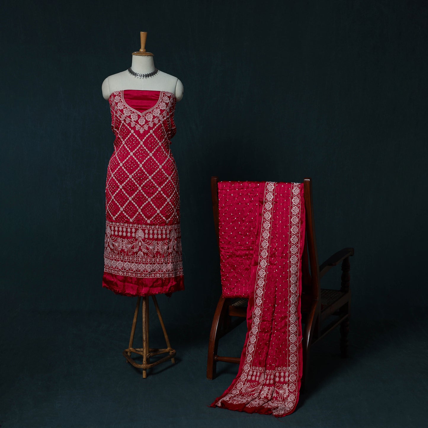 Kutch Bandhani Tie-Dye Modal Silk Embroidered 3pc Unstitched Dress Material Suit Set 26