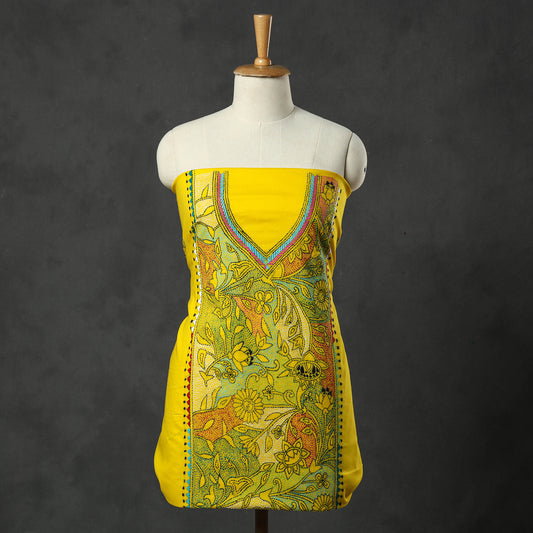 Yellow - Bengal Kantha Hand Embroidery Cotton Kurta Material - 2.8 Meter 09