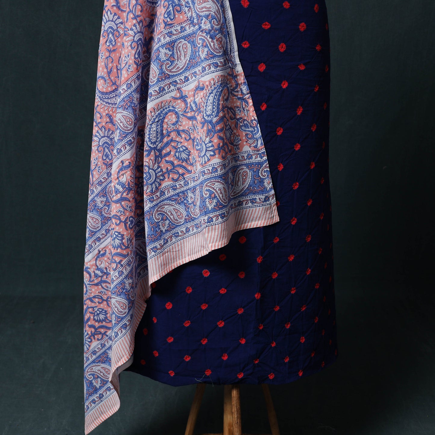Kutch Bandhani Cotton 2pc Unstitched Dress Material Kurta Set with Earrings 18