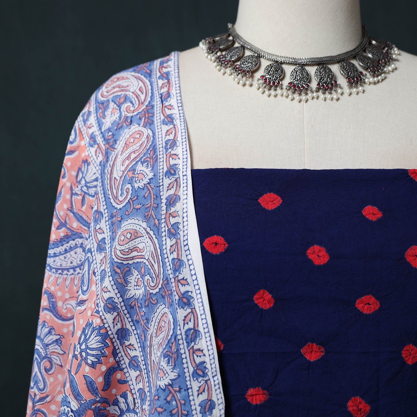 Kutch Bandhani Cotton 2pc Unstitched Dress Material Kurta Set with Earrings 18