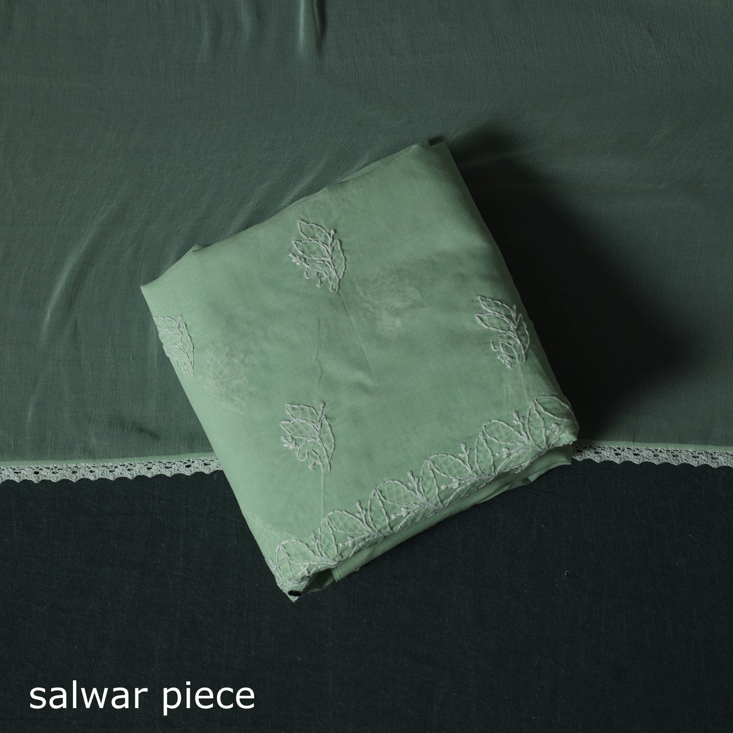 Green - Lucknowi Chikankari Hand Embroidered Cotton 3pc Unstitched Dress Material Suit Set 36
