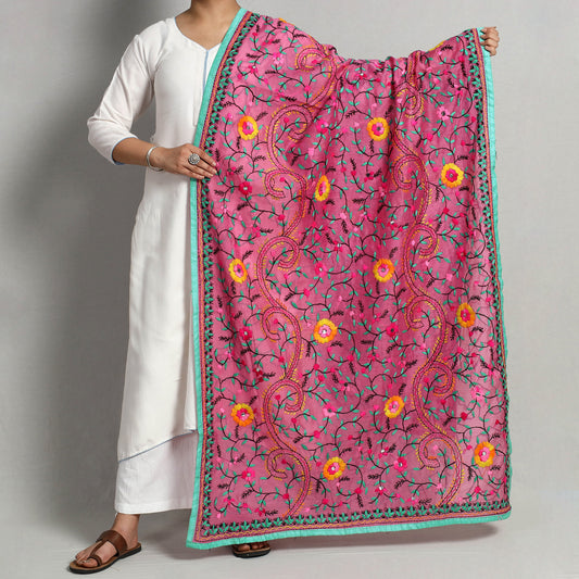 Purple - Ranihati Chanderi Silk Chapa Work Phulkari Embroidered Dupatta