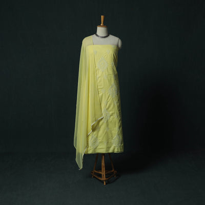 Yellow - Lucknowi Chikankari Hand Embroidered Cotton 3pc Unstitched Dress Material Suit Set 37