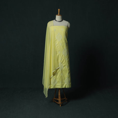 Yellow - Lucknowi Chikankari Hand Embroidered Cotton 3pc Unstitched Dress Material Suit Set 37