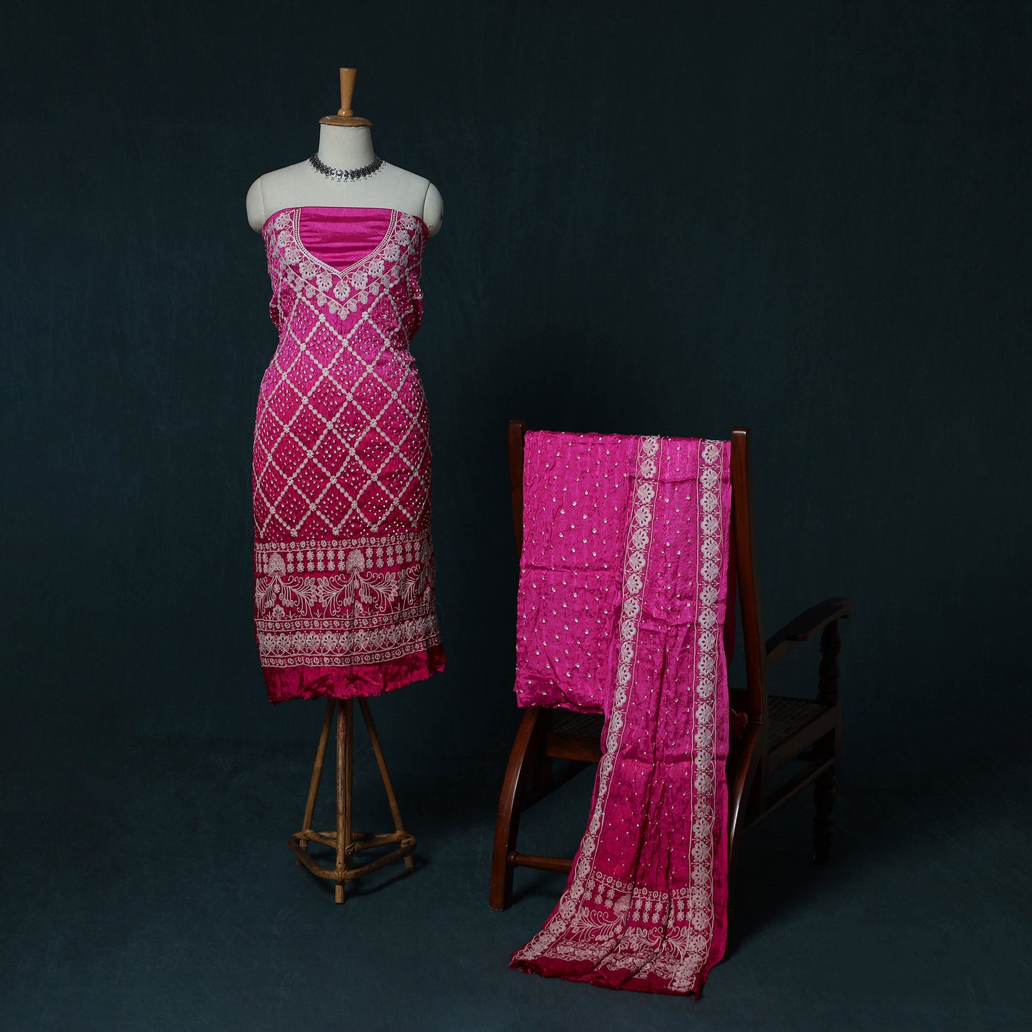 Kutch Bandhani Tie-Dye Modal Silk Embroidered 3pc Unstitched Dress Material Suit Set 27